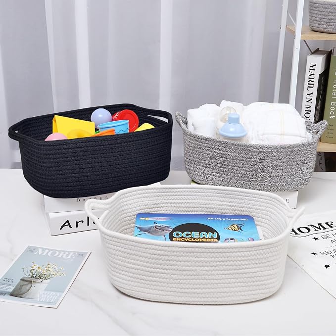 ABenkle Small Storage Basket with Handles, Cotton Rope Woven Dog Cat Toy Bin, Decorative Shelves Closet Organizing for Nursery Laundry Bedroom Bathroom, 14.2''x 11''x 5.1''