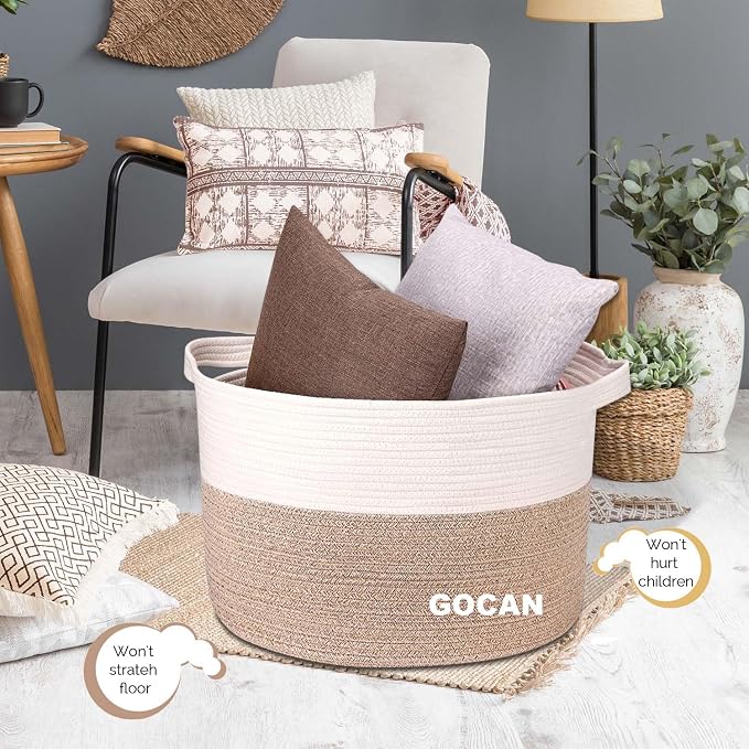 Cotton Rope Woven Laundry Basket 22"X 22"X 14" with handlesXXXL | Hand-woven, ideal for storing blankets and cushions in the living room, and clothes for household storage.(Brown/Beige)