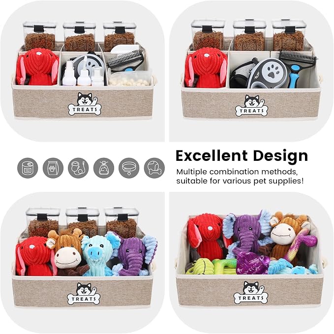 Dog Treat Storage Organizer for Countertop with Fabric Handle and Dividers | Collapsible Dog Treat Container for Living Room Area, Trapezoid Storage Basket for Pet Supplies with Adjustable Dividers