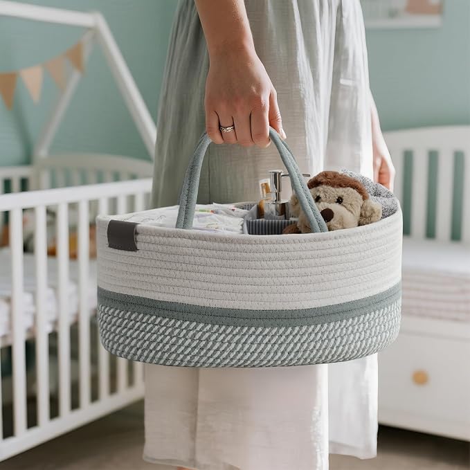 DECOMOMO Baby Caddy Organizer, Large Diaper Caddy Basket | Baby Baskets for Baby Shower (Sage Green & White)