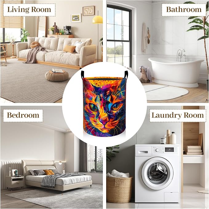 Colorful Cat Face Laundry Basket, Neon Kitten Foldable Oxford Cloth, Waterproof Dirty Clothes Hamper with Handles, Clothing Storage Bin Toy Organizer for Bedroom Dorm Bathroom, 19.7"x15.7"