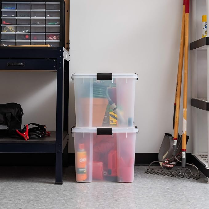 IRIS USA WeatherPro Storage Bins with Lids, 74 Qt, Gasket Seal, 2 Pack | BPA-free gasket seal keeps clothing, documents, pet food, tools, and camping gear protected from dust and moisture.