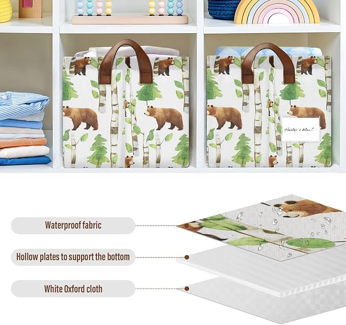 Watercolor Woodland Bear Forest Animal Baby Storage Basket with Labels&Handles Rectangular Waterproof Nursery Storage Bins Collapsible Shelf Organizer Baskets for Kids Books Cloth Gift Toys Laundry