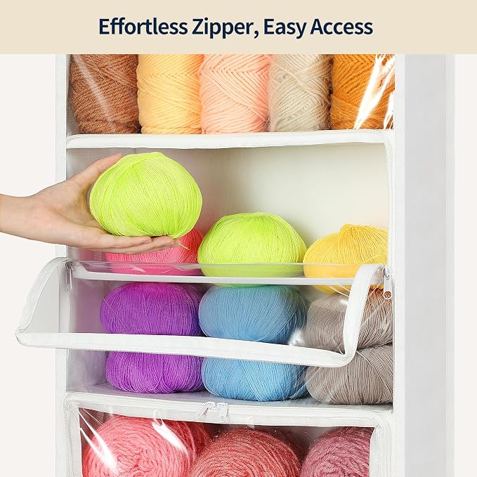 Yecaye Hanging Yarn Storage Organizer with 5 Zippered Closure Compartments, Heavy Duty Stuffed Animal Storage with Clear PVC, Dustproof Yarn Holder for Crocheting Storage, Ivory 5 Tier