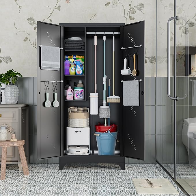 Metal Storage Cabinet, 75" Cleaning Tool Cabinet with Locking Door, Tall Storage Sheds Tool Organizer, Large Broom Cabinet for Bathroom, Laundry Room, Kitchen, Pantry, and Humid Environments