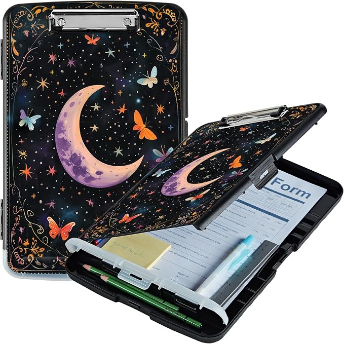 A4 Clipboard with Storage Pen Holder, Clipboards Organizer Nursing Clipboard Foldable File Folder Plastic Clipboard Folio Clip Board for Office Work Classroom Doctor, Butterfly Dark Moon