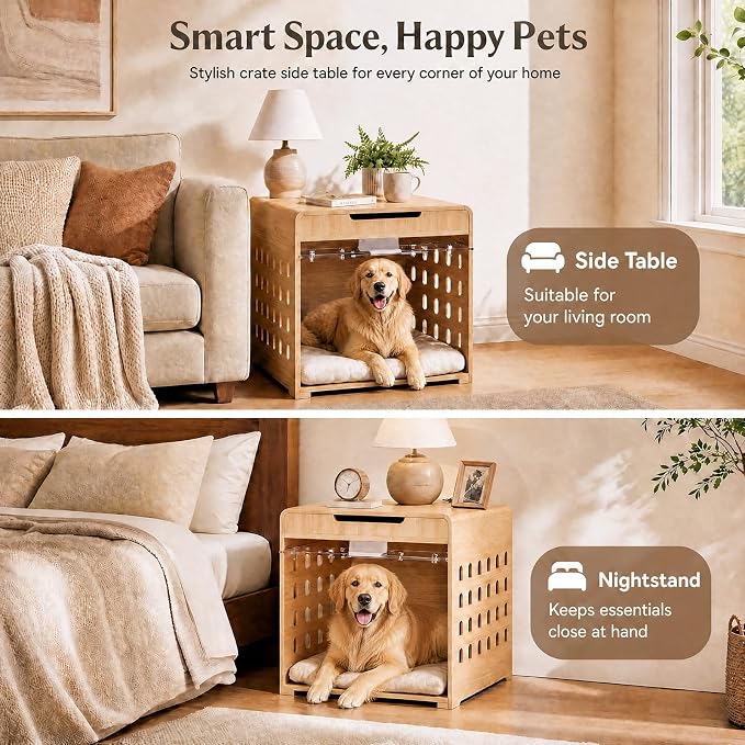 Modern Dog Crate Furniture Wooden Kennel Charging Station End Table Oak | Nightstand, Dog Cage Indoor, up to 110 lb, Flip-Up Acrylic Door, Storage Drawer, for Large Medium Dogs, Living Room Bedroom