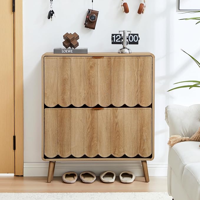 Shoe Storage Cabinet for Entryway with 2 Flip Drawers, Freestanding Narrow Wooden Shoe Cabinet with Wave Panel, Hidden Shoe Organizer for Foyer, Hallway (Natural)