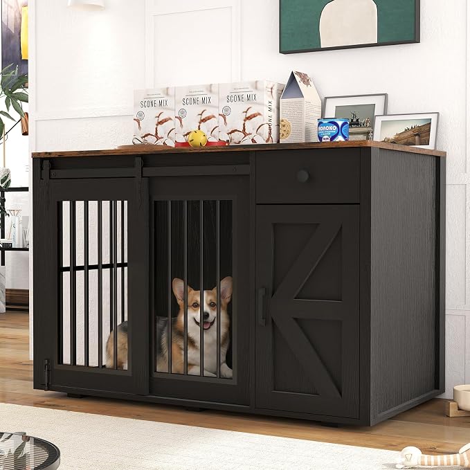 Verano Garden 44" Dog Crate Furniture, Dog Kennel (44" Right Facing Door) | 2-in-1, Lockable, Sliding Door, Removable Divider, Adjustable Shelf, Farmhouse, Heavy Duty, Small Medium Dogs, Black