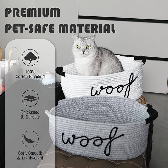 Sea Team Dog Toy Storage Basket with Handles, Gray Woof | Large Cotton Rope Storage Bin, Shelf Basket, Organizer for Pet Chew Toys, Foods, 16.5 x 11 x 7 Inches, 4.4 Gallons