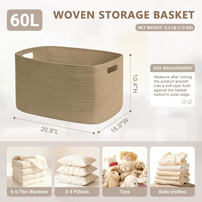 60L Woven Laundry Basket Hamper with Handles, Jute | collapsible wicker hamper, storage for dirty clothes, toys, blankets, gifts, living room, bedroom, bathroom, 21"x15"x11"