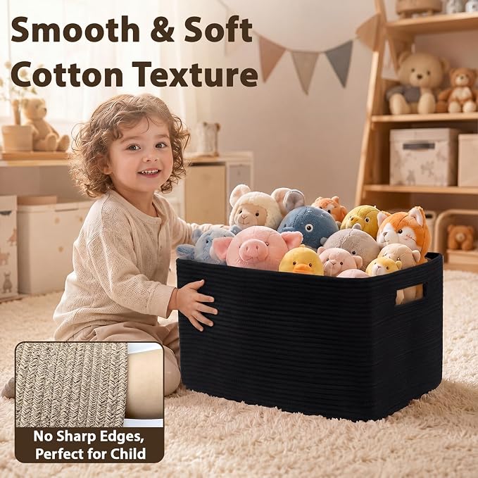 Optish 75L Large Woven Blanket Basket, Storage Basket with Handles, Black | Sturdy Cotton Rope Basket Organizer Blanket, a lot of Toys, Comforter, Pillows, Bedroom, Living Room, Bathroom, Easy to Carry