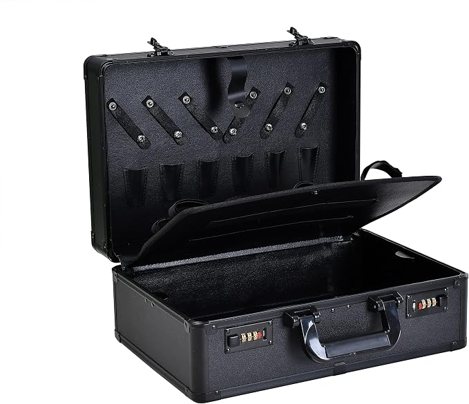 Barber Case Clipper Bag Black, Hair Kit Tool Box Aluminum Organizer with Portable Handle and Secure Numlock for Scissors, Clippers, Barber Supplies 15.8" x 11" x 6.5"