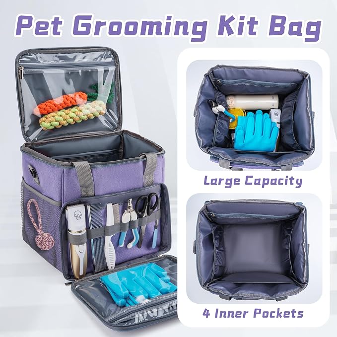 SMYV Pet Grooming Bag for Dog Grooming Supplies, Dog Tote Travel Bag for Pets Grooming Tools Kit Accessories - Light Purple