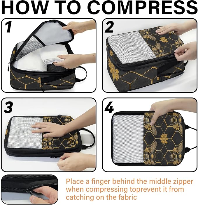 TropicalLife Vintage Bee Honeycomb 6 Set Compression Packing Cubes | Golden Flower Travel Accessories Expandable Packing Organizers Space Saver Bags for Organizing Clothes