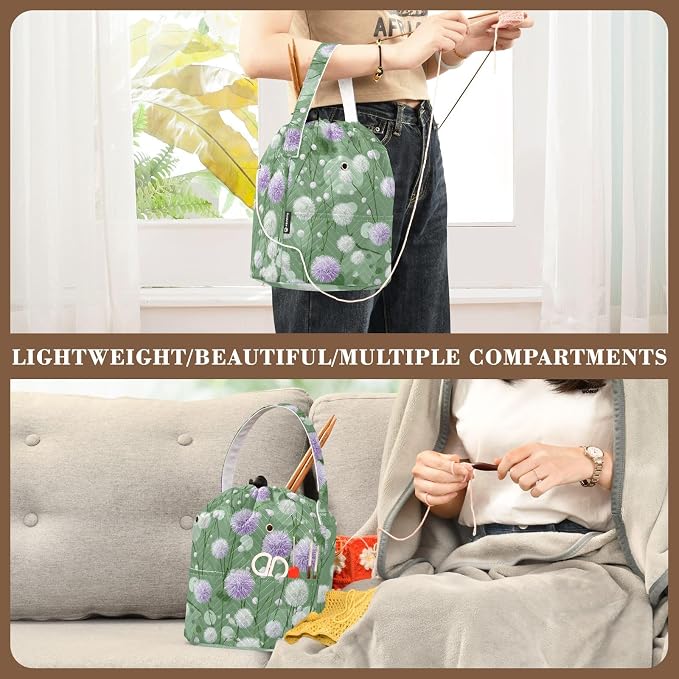 Tatenale Crochet Bag Yarn Bag Knitting Project Bag with Pockets and Handle Portable Yarn Storage Organizer Tangle Free 8.3x11 InchDark Green Flowers Blooms23
