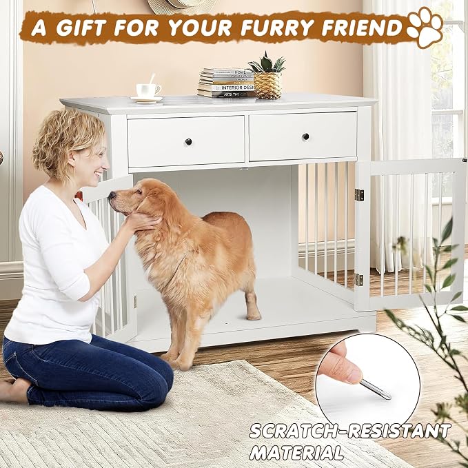 44inch Large Dog Crate Furniture with Storage Drawers for Indoor, White | Large Decorative Wooden Dog Kennel Indoor with Storage Drawers, Multipurpose End Table Cage Suitable for Small Dogs