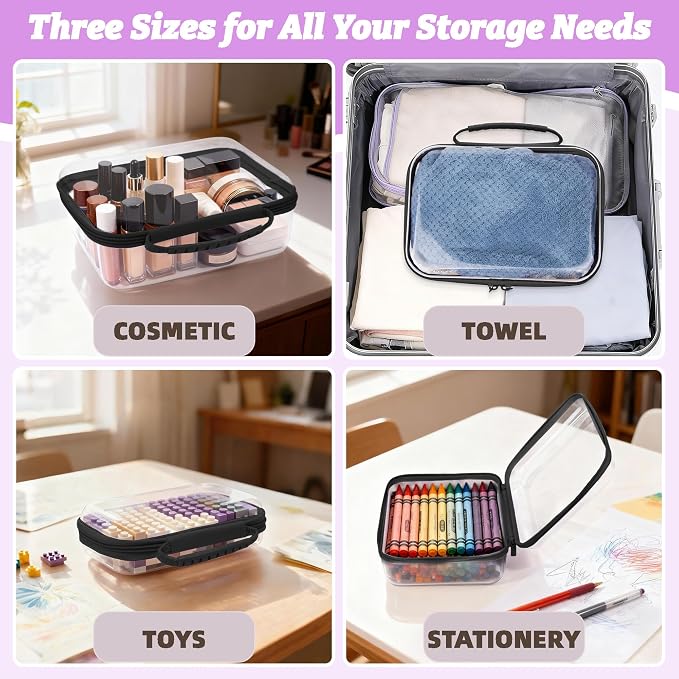 3 Pack Deep Clear Hard Shell Zipper Cases with Handle (Black) | Travel Toiletry Bag, Waterproof 1.2mm PET Hard Plastic Pouches, Organizer Box for Makeup, Toy, Snack, Stationery, Diaper