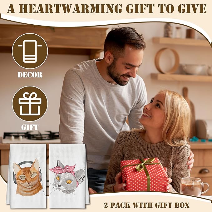 Kitchen Towels Set of 2, Headphone Cat Dish Towel for Kitchen, Funny Pink Bow Kitten Hand Towels for Bathroom, Fast Drying Tea Towel, Housewarming Xmas Gifts for Cat Lover Women Mom -B09