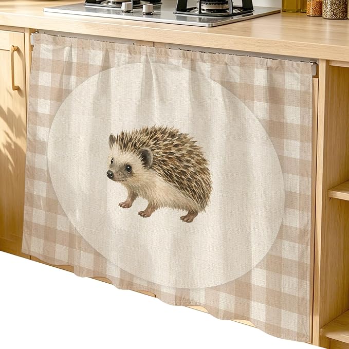 Hedgehog Cabinet Dishwasher Hidden Curtains, Privacy Closet Door Curtain, Vintage Farmhouse Linen Plaid Rustic Animal Adhesive Dust Proof Under Sink Skirt for Bathroom Kitchen 35"x35"