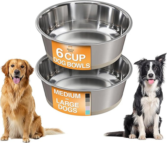 Neater Pet Brands Stainless Steel Dog Bowls with Non-Slip Rubber Bottom – Set of 2, 6 Cup (48 oz), Tan - Heavy Duty Metal Dog Bowl, Dishwasher Safe, Food or Water Bowl, Ideal for Large Dogs
