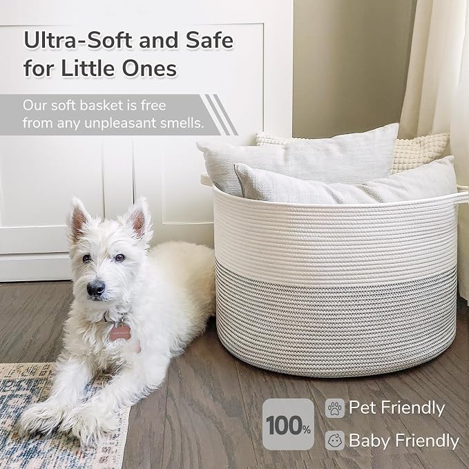 INDRESSME XXXLarge Woven Rope Blanket Basket Living Room White, 90L | 21.7" x 13.8" Storage baskets for toys laundry & pillows. Fits living room, bedroom or nursery décor. Soft-touch with handles