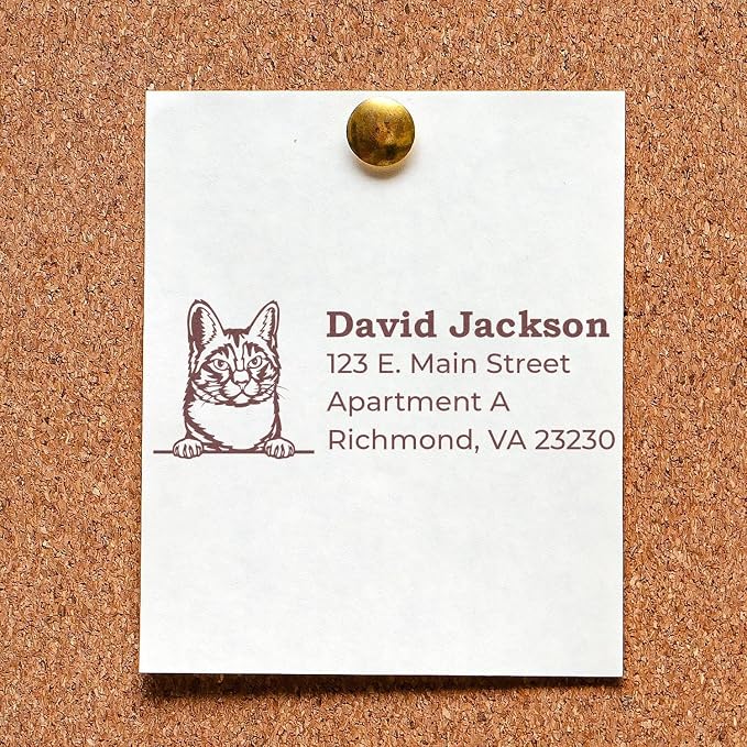 Peeking Manx Cat Address Stamp Self-Inking - Custom Stamp for Mail | Manx Cat Personalized Address Stamp. Custom Address Stamp for Cat Owner Gifts. 4 lines. Choice of 11 ink colors. Rectangular.