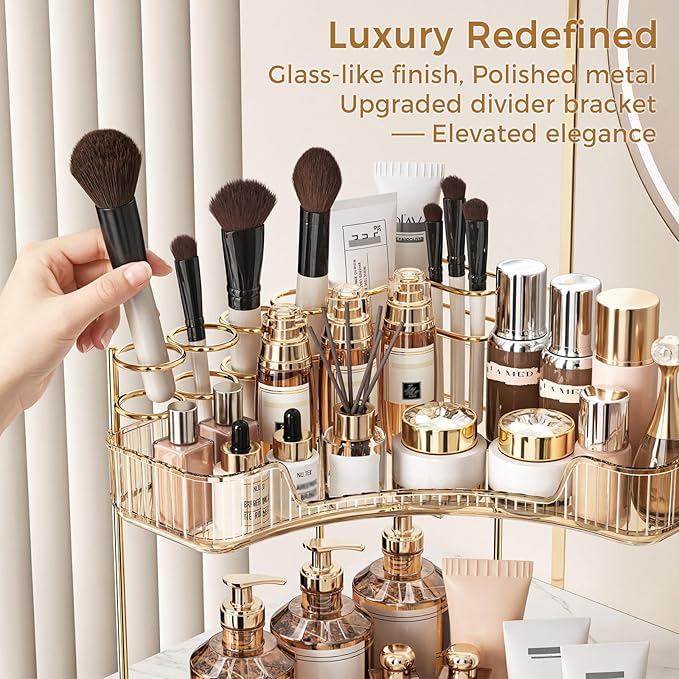 BEFSOP Corner Bathroom Counter Organizer, Upgraded 3-Tier Makeup Organizer Countertop with Makeup Brush Holder, Skincare Exquisite Vanity Organizers Countertop Bathroom Storage Dresser(GOLD)