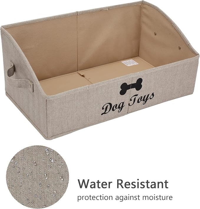 Geyecete dog toy basket Large dog toy bin dog toy box storage box - Foldable Fabric Trapezoid Organizer Boxes with Handle, Collapsible Basket for Dog Toys (KhakiStripe-DOG)