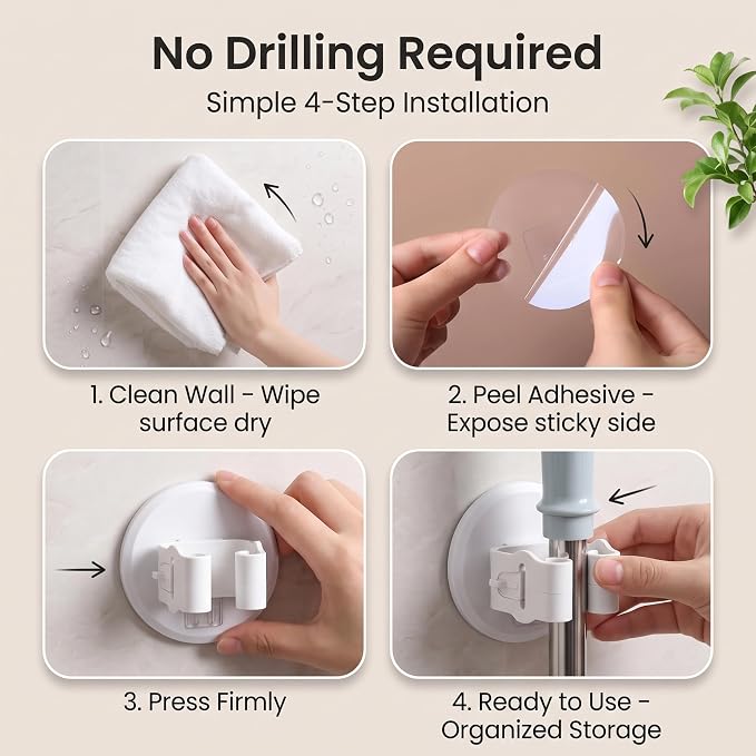 Broom Holder Wall Mount Adhesive 3 Pack Mop Holder Wall Mount, Broom Gripper, Broom and Mop Organizer Wall Hanging, No Drill Broom Hanger for Bathroom, Kitchen, Laundry Room, Garage Holds up to 4 lb