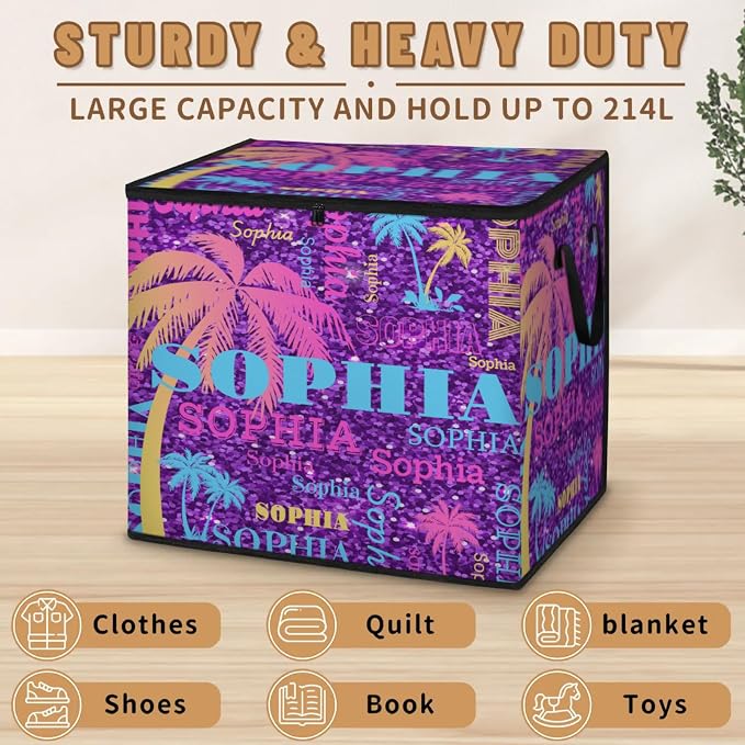 Personalized Name Large Storage Basket with Lid, Bright Purple Sequins Glittering Yellow Blue Palm Trees Storage Bins Quilt Clothes Organizer for Bedroom, Bathroom, Nursery, Shelves, Closets