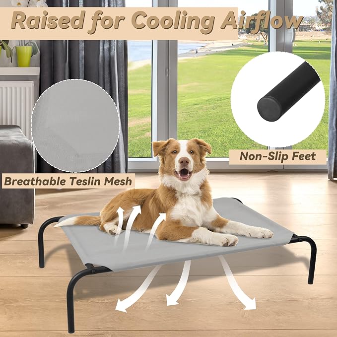 Heavy Duty Steel-Framed Portable Elevated Pet Bed, Elevated Cooling Pet Cot, 43.5" L x 25.5" W x 7.8" H(M, Grey) | Dog Cot Bed with Sturdy Steel Frame for Indoor Outdoor Use, Non Slip, Easy to Clean, 43.5 Inches, Gray