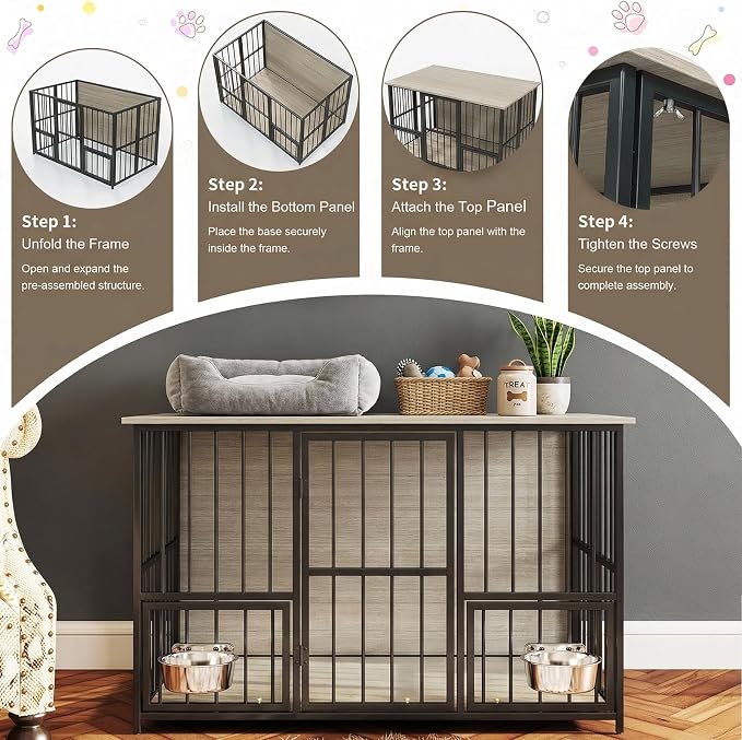 Hadulcet 41'' Foldable Dog Crate Furniture, Large Dog Kennel with 2 Bowls | Wooden Crate Table with Storage Top, Furniture Style Indoor Kennel for Small to Large Dogs with Rotating Food Door, Gray