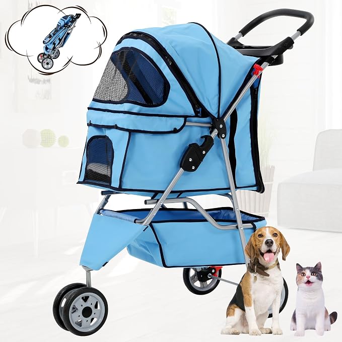 BLKMTY Folding Dog Stroller, 3 Wheels Pet Stroller, Foldable Cat Strollers Waterproof Travel Carrier Strolling Cart for Puppy Jogger with Cup Holder & Storage Basket, Blue