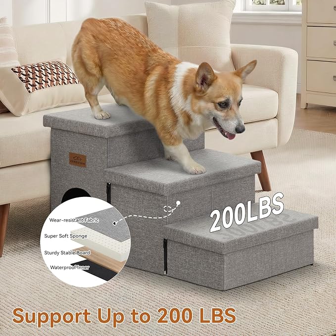 Zerbuger Dog Stairs with Storage, Grey 3 Steps Dog Ramp with Condo for Bed | 18" H Wider Dog Steps for High Beds Couch, Folding Storage Pet Stairs Gift for Climbing Small/Medium/Large Old Dogs Cats