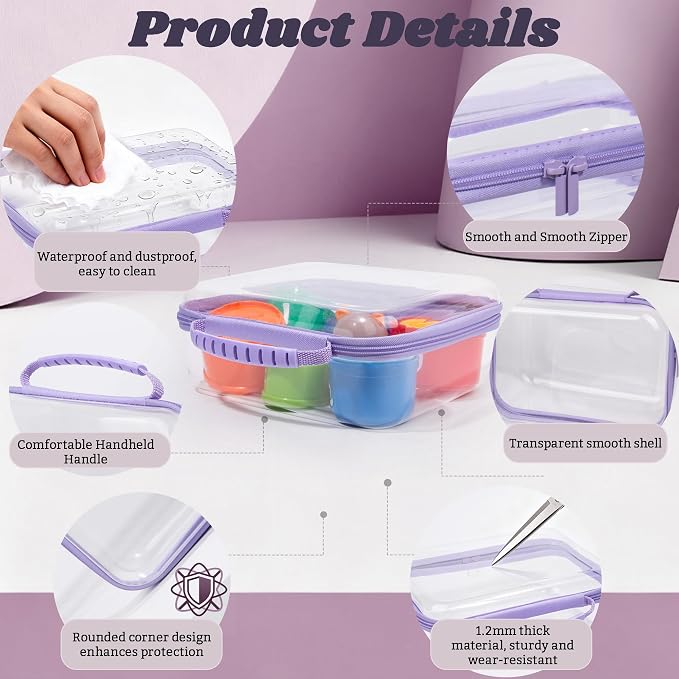 3 Pack Deep Clear Hard Shell Zipper Cases with Handle (Purple) | Travel Toiletry Bag, Waterproof 1.2mm PET Hard Plastic Pouches, Organizer Box for Makeup, Toy, Snack, Stationery, Diaper