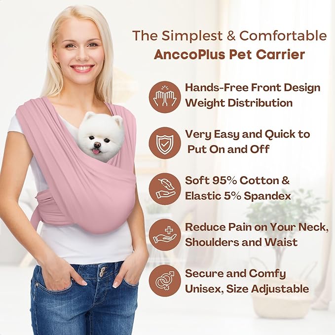 AnccoPlus Small Dog Sling Carrier, Hands-Free, Light Pink, Regular | Patented Front Carrier Reduces Back and Neck Strain; Adjustable, Soft Cotton, 3D Air Mesh for Puppies & Cats up to 20 lb