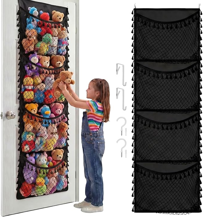 Over The Door Stuffed Animal Storage, Tassel | Toy Organizer for Storage Plush Toys, Stuffed Animal Holder with 4 Large Pockets, Hanging Door Organizer for Nursery