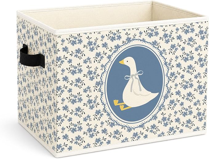 Blue Floral Goose Foldable Fabric Storage Bin for Kids Room | Blue floral cottagecore design; foldable storage basket for toys, books, clothes in nursery, bedroom or playroom.