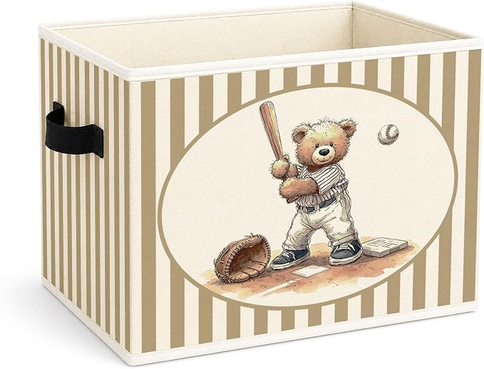 Baseball Teddy Bear Beige Stripe Foldable Fabric Storage Bin | Baseball teddy bear beige stripe design; foldable fabric storage bin for kids room, nursery, playroom, toys, books.