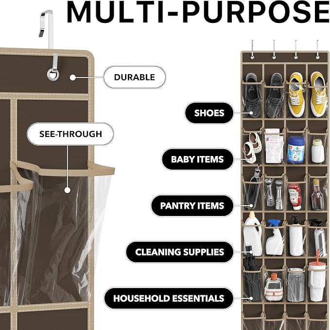 Simple Houseware 24 Pockets Clear Over the Door Shoe Organizer, Brown | 64" x 19", 4 Durable Metal Hooks, 4.3" x 9.5" Pocket Size, Multipurpose