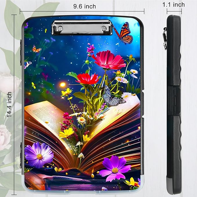 Book Flower A4 Clipboard with Storage Pen Holder, Clipboards Organizer Nursing Clipboard Foldable File Folder Plastic Clipboard Folio Clip Board for Office Students Classroom Doctor