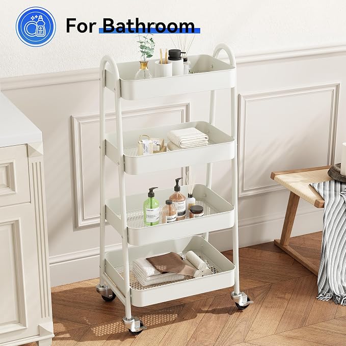 OLIXIS Metal 4 Tiers Rolling Storage Utility Cart with Lockable Wheels | Mobile Organizer Shelf, Space-Saving, Freestanding, Bathroom, Living Room, Slim, Narrow Corner Spaces, White