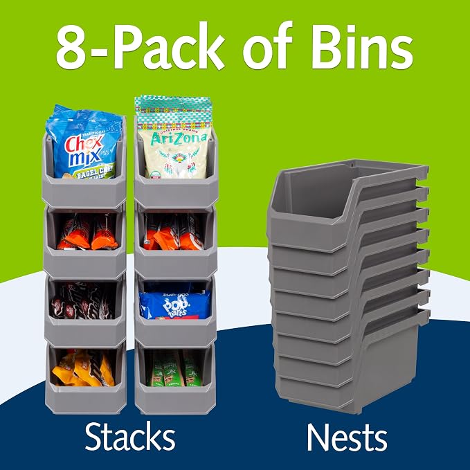 Medium Stackable Plastic Storage Bins, 8-Pack, Gray | Open-Front Stackable Bins For Garage, Pantry, Closet & Office, 11"L X 5,5"W X 5"H, Nests When Empty, Durable Plastic,