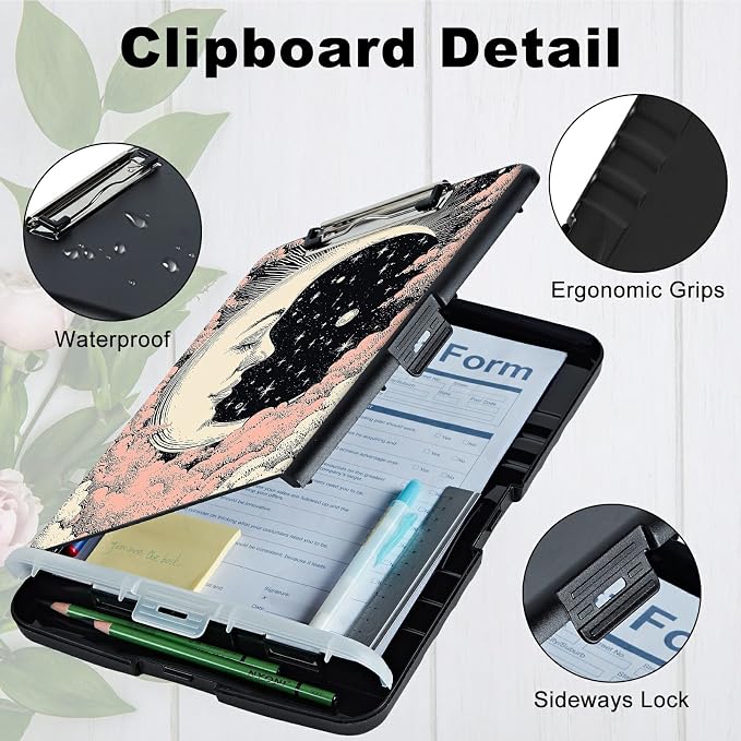 A4 Clipboard with Storage Pen Holder, Clipboards Organizer Nursing Clipboard Foldable File Folder Plastic Clipboard Folio Clip Board for Office Work Classroom Doctor, Pink Tree Moon