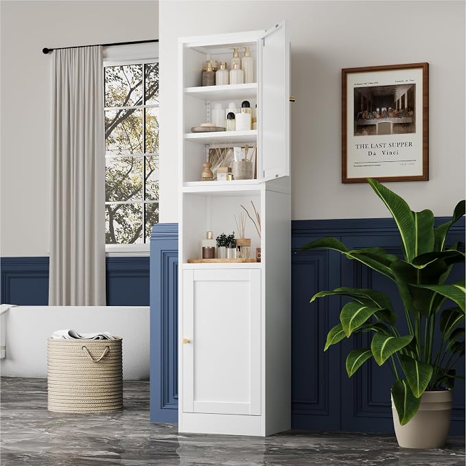 YAUWOH 2-Door Metal Storage Cabinet, Tall Slim Pantry Organizer with 3 Adjustable Shelves (120LBS/Shelf), Anti-Tipping Waterproof Cabinet for Bathroom/Kitchen/Home Office/Small Spaces, (1PC,White)