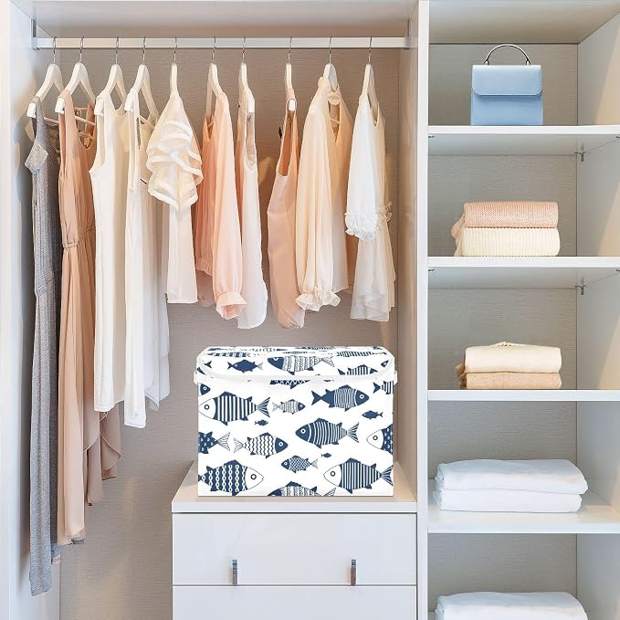 Fish Fabric Storage Bins 40L Basket Cube with Cover for Home Bedroom Closet | Decorative Storage Boxes, Dust-Proof Flip Top, Reinforced Handles, For Home & Bedroom, Clothes & Toy Box, Oxford Fabric Print