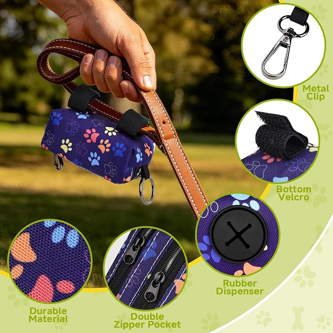 Dog Poop Bag Holder for Leashes 2 Zipper Pockets Pink 1 Pack