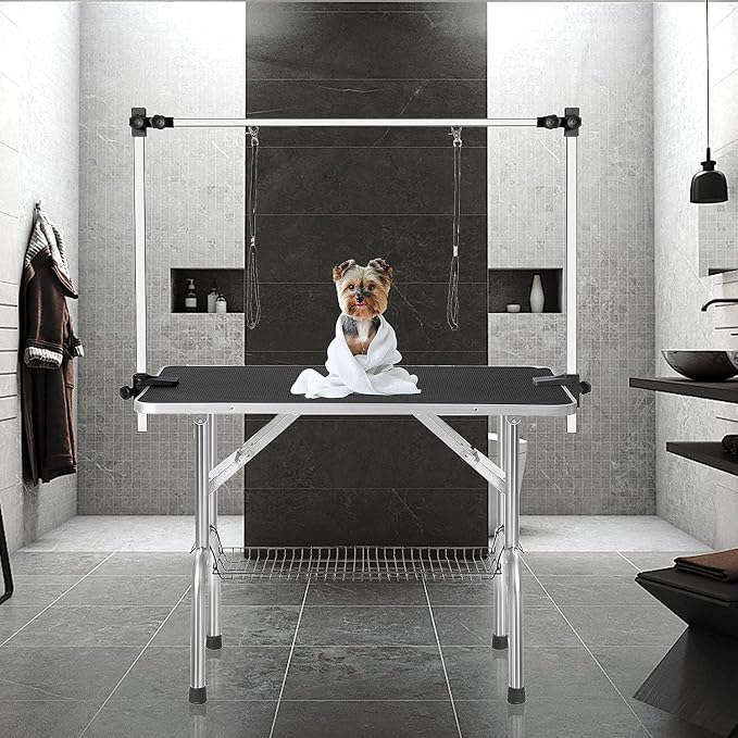 46" Pet Dog Grooming Table, Foldable Stainless Steel Frame Pet Drying Grooming Table Up to 330lbs, Professional Bathing Desk for Dogs at Home with Adjustable Overhead Arms, Noose, Mesh Tray, Black