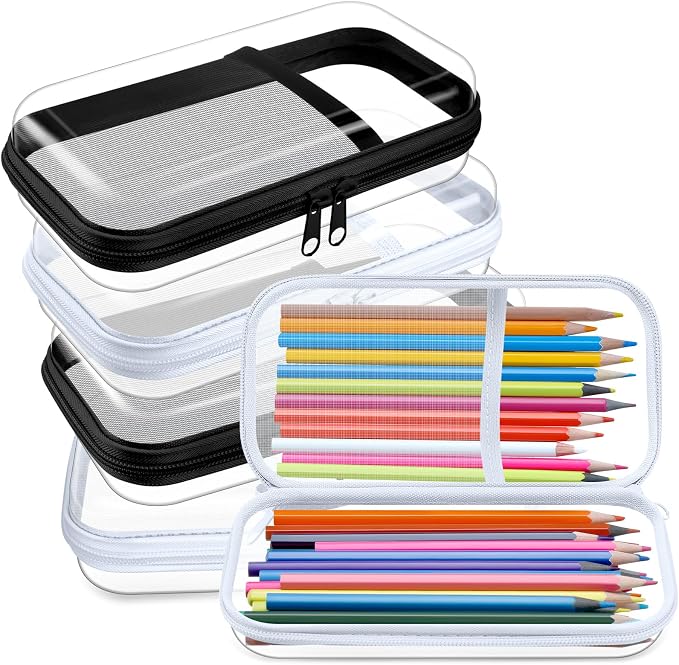 Sanwuta 4 Pcs Clear Hard Shell Zipper Case Clear Travel Pouches Bulk Plastic Portable Travel Organizer Bin with Mesh Pocket Toiletry Pouch Cosmetics Makeup Bag Snack Toiletry Bag(Black and White)